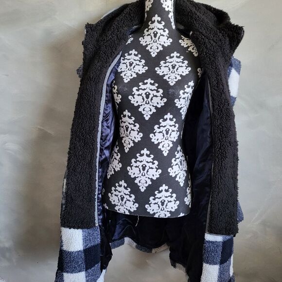 Steve Madden Navy & White Buffalo Plaid Convertible Hooded Teddy Coat Women M - Picture 5 of 16
